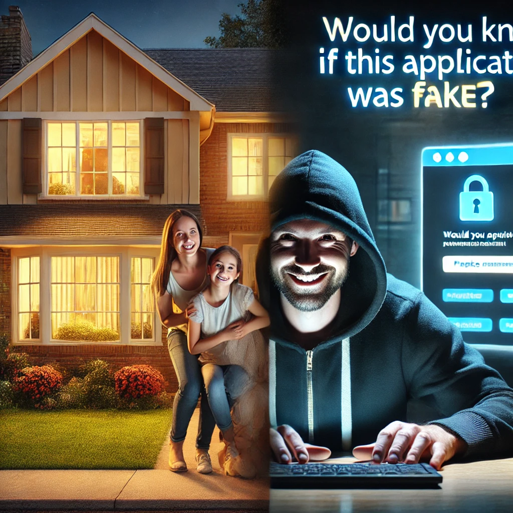 DALL·E 2025-04-15 11.51.01 - A split-screen image showing a contrast_ on the left side, a cheerful and wholesome tenant family smiling in front of a suburban house, with warm ligh How to spot a rental scam and fraud